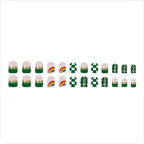 Costeam 24 Packs St. Patrick’s Day Rainbow Emerald Green Shimmer Press On Nails,Glitter Nails for Holiday Decoration