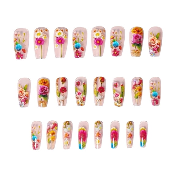 Costeam 24 Pcs Ice Transparent Gorgeous Flower Press On Nails，Glittering Floral Design False Nail Sticker Set