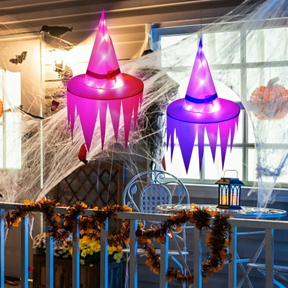 Costeam 2PCS Hanging Witch Hats with Lights Halloween Decorations Outdoor Indoor Floating Witch Hat Waterproof Halloween Light up Witches Hat for Porch Yard Patio Garden, Decor
