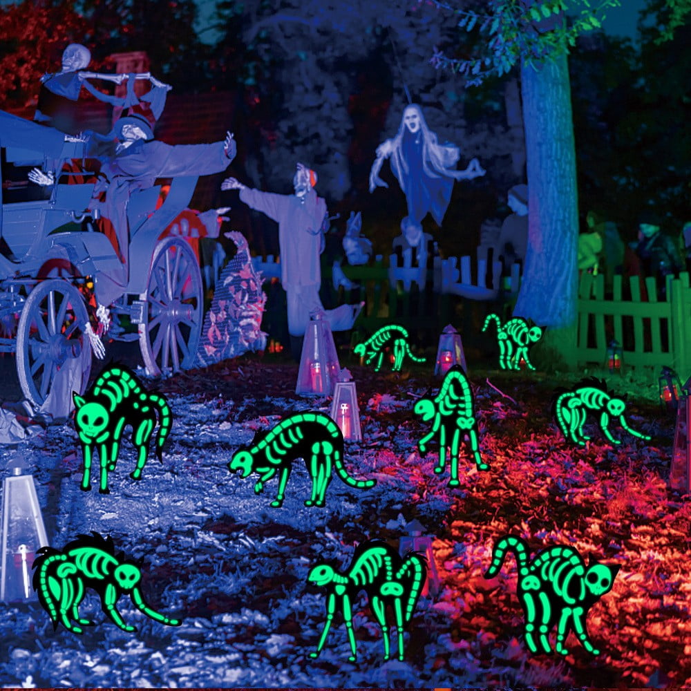 Costeam 2Pcs Glow Dark Cat Skeleton Signs for Halloween Spooky Outdoor ...