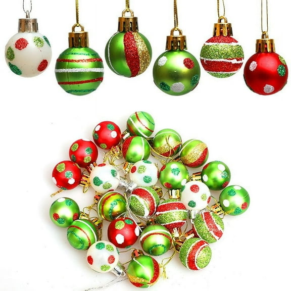 Costeam 3 CM 24 Pcs Christmas Glittering Elf Glass Ornaments for Tree - Mini Painted Swirl Dots Hanging Decorations - Red Green Christmas Tree Balls for Xmas Decor