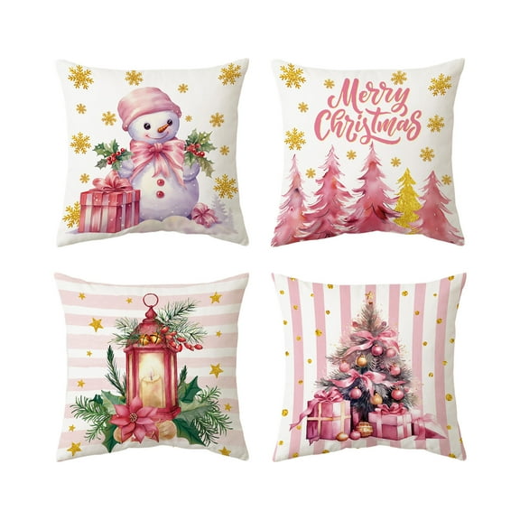 Costeam 4PCS Christmas Pillow Covers 18x18 Pinks Santa Snowman Merry Christmas Tree Winter Decorative Throw Cushion Case For Sofa Couch Home