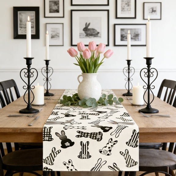 Costeam 59.06×12.99 Inches Easter Table Runner with Bunny Egg Flower Pattern,Easter Party Table Runner for Dining Decor