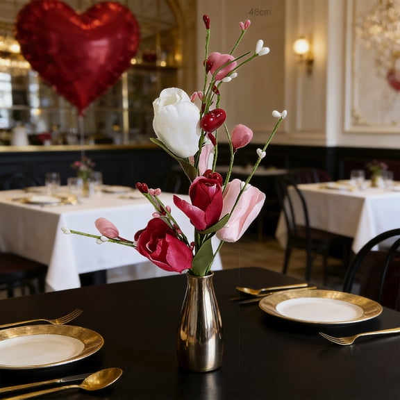 Costeam Artificial Tulip and Heart Berry Branch,Romantic Floral Pick for Valentine’s Day Home Decor,Living Room Accessory