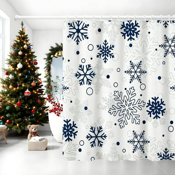Costeam Blue Christmas Snowflake Shower Curtain, Winter Forest Deer Fabric Shower Curtains Set for Bathroom Decoration with Hooks 90*180CM Cute Grey White Xmas Holiday Bath Decor