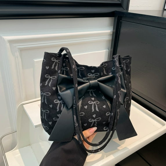 Costeam Bowknot Canvas Shoulder Bag for Women Fashion Tote Purse with Drawstring Closure Available in White Black and Pink Colors