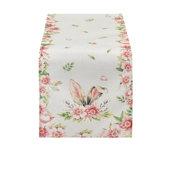 Costeam Bunny Ear Pattern Linen Table Runner,Festive Fabric Cover for Easter Dining Table Decor