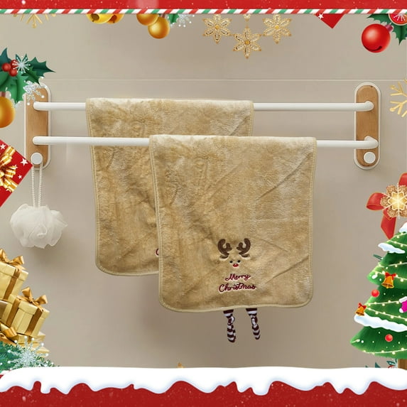 Costeam Christmas Fleece Embroidered Towel Set, 4-Pattern Design (Santa Claus, Snowman, Elk, Tree), Holiday Gift-Ready Bath/Kitchen Decor