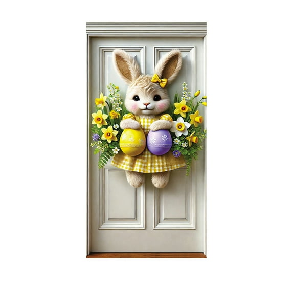 Costeam Easter Bunny Egg Door Banner with Spring Flower Bow，Pastel Hanging Cover for Indoor Outdoor Holiday Decor