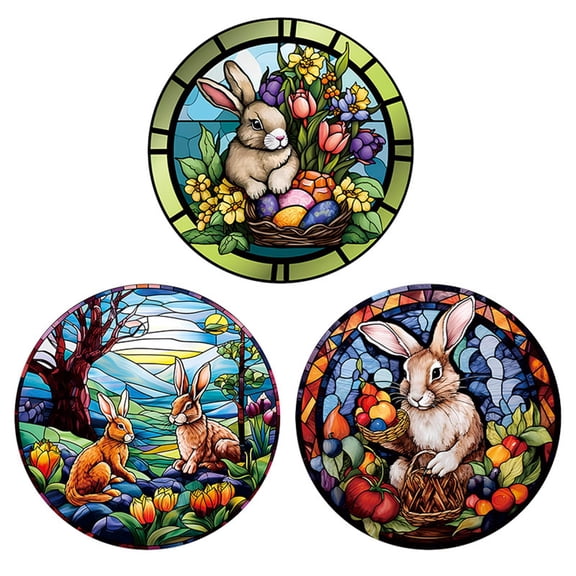 Costeam Easter Cartoon Rabbit Round Egg Static Window Cling,Reusable Decal for Kids Room Window Refrigerator and Holiday Decor