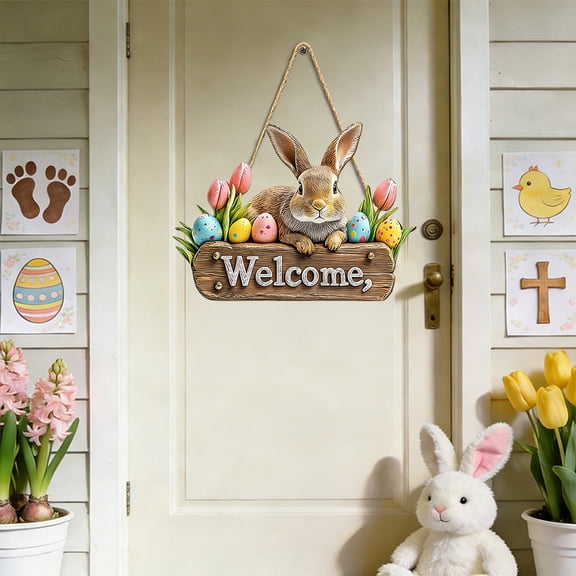 Costeam Easter Egg 2D Flat Wooden Wall Hanging Sign Door Sign Festival Decor
