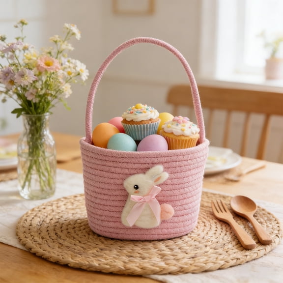 Costeam Easter Linen Cotton Woven Storage Basket Egg Themed Bin For Home And Kitchen Organization