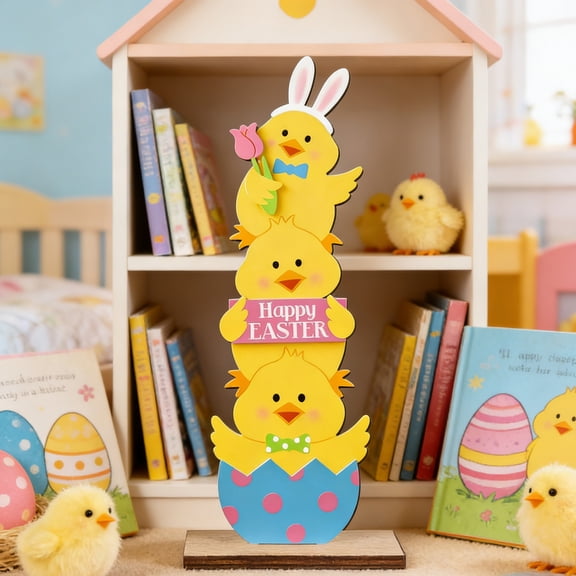 Costeam Easter Wooden Craft Egg Chick Decor Wooden Figurine Tabletop Ornament