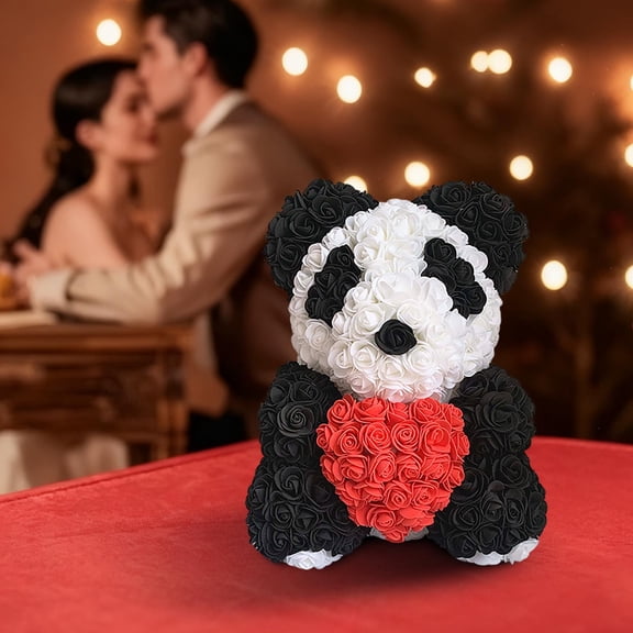 Costeam Faux Rose Flower Bear Figurine,Romantic Gift for Valentine’s Day and Holiday Celebration,Desktop Ornament