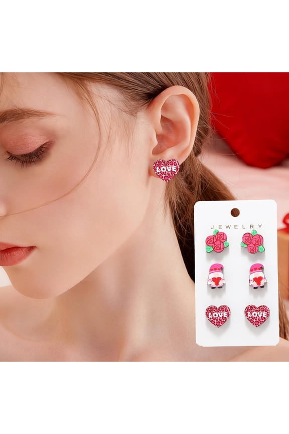 February 14 Themed 6-Piece Wooden Stud Earrings Set,Heart-Shaped Rose Design,Romantic Gift Earrings for Valentines Gifting