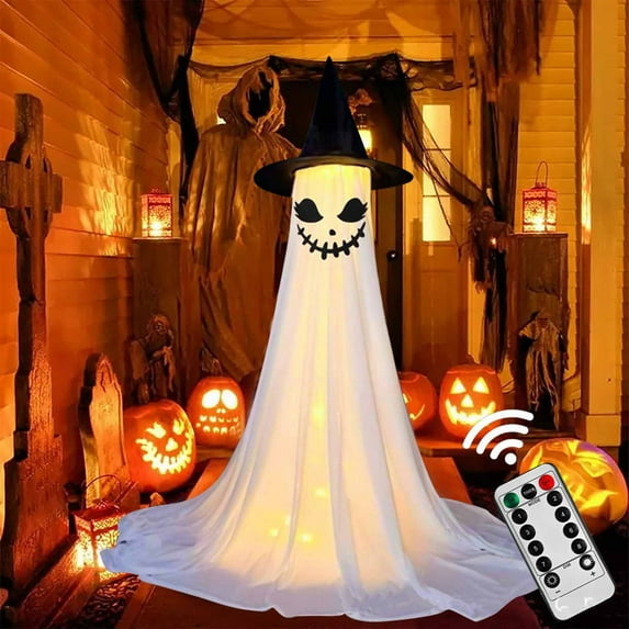 Costeam Halloween Decorations Outdoor,Cute Halloween Decorations Indoor,Spooky Ghost Halloween Decor with Witch Hat,Scary Ghosts Decor with String Lights for Front Porche Yard Garden