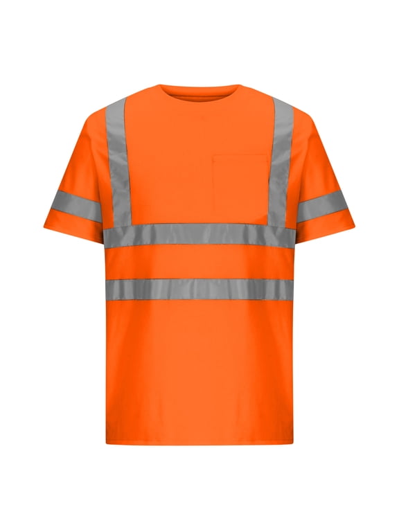 High Visibility Reflective Safety T Shirt Short Sleeve Crew Neck Work Shirt with Chest Pocket Breathable Lightweight Hi Vis Tee for Construction Warehouse Road Maintenance Work Activities
