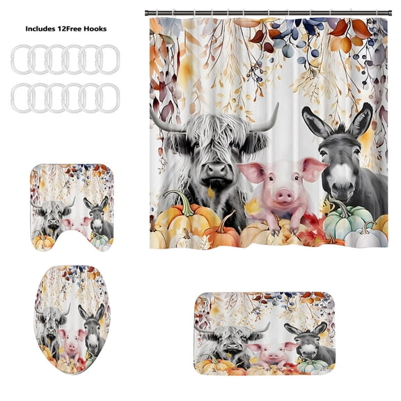 Costeam Highland Cow Print Bathroom 4 Piece Set，Bath Mat U Shaped Mat Toilet Seat Cover And Shower Curtain For Home Decor