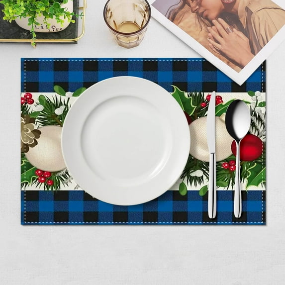 Costeam Linen Blue and Black Buffalo Check Plaid Christmas Placemats Set of 4 Farmhouse Winter Christmas Xmas Holiday Home Kitchen Table Decorations 45x30cm 2025 New Style