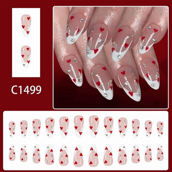 Costeam Medium Glossy Stiletto Press On Nails 24 Piece Set White French Tip Red Heart Rhinestone Design for Valentine's Day