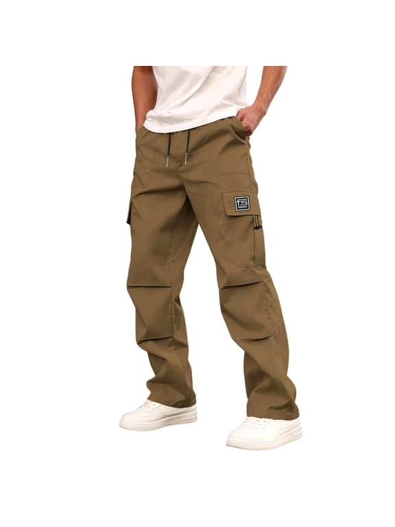 Mens Loose Fit Cargo Pants Drawstring Elastic Waist Multi Pocket Tactical Work Trousers Outdoor Hiking Casual Streetwear Techwear Utility Straight Leg Breathable Soft Cotton Blend