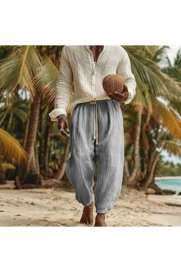 Mens Solid Crinkled Textured Linen Blend Jogger Pants Inset Side Hand Pockets Elastic Drawstring High Waist Cuffed Ankle Baggy Loose Fit Breathable Casual Harem Trouser Bottoms