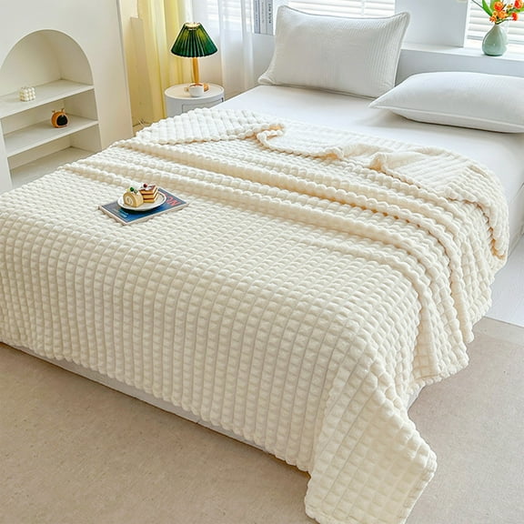 Costeam Oversized 59x40 Inch Fleece Throw Blanket Soft Warm Fluffy Cream Solid Color Striped Decorative Couch Bed Blanket for Home Gift