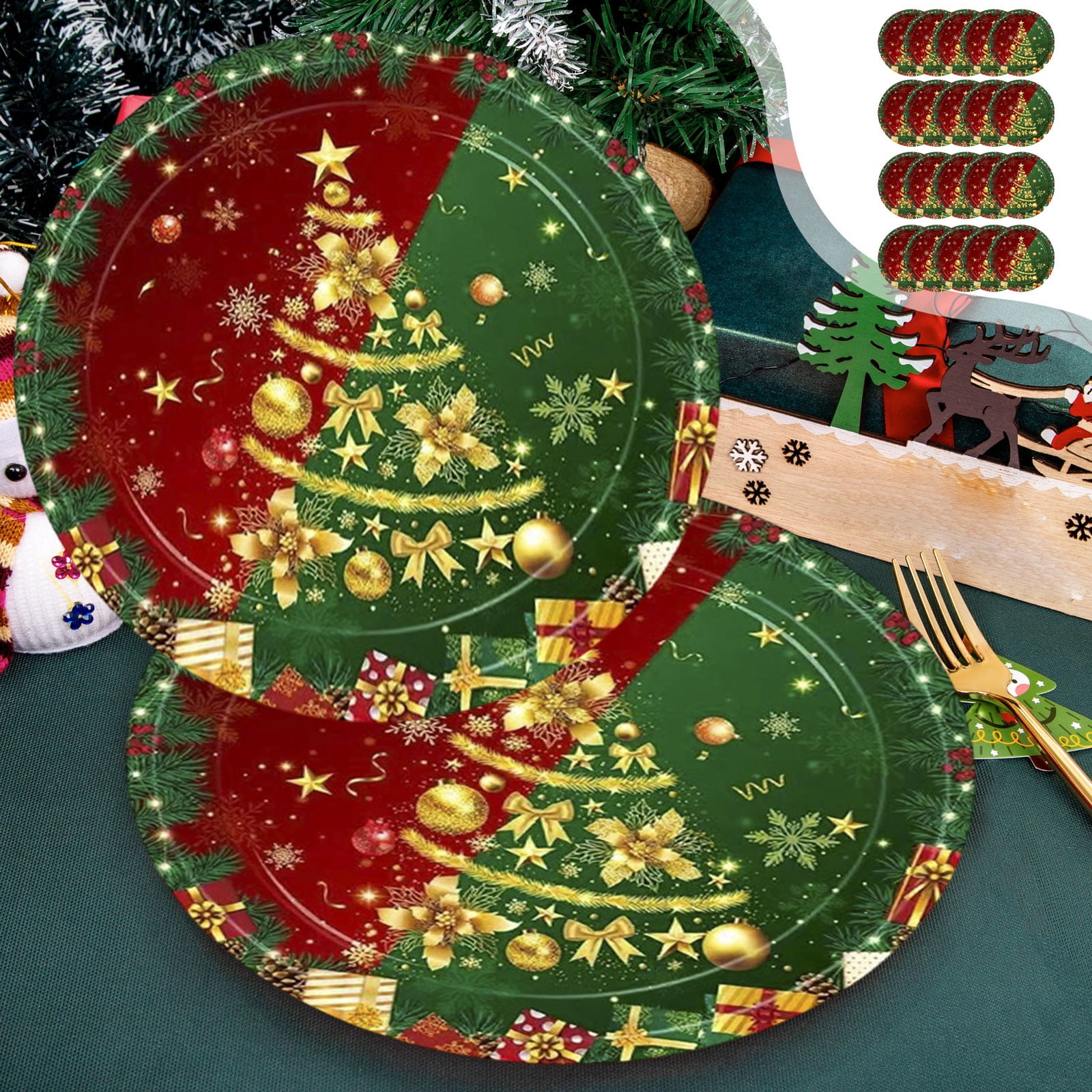 Costeam Red Green And Gold Christmas Party Disposable Tableware 7-inch ...