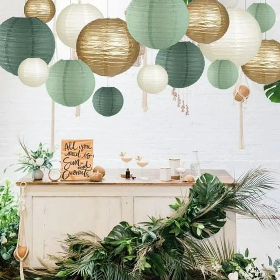 Costeam Round Hanging Paper Lantern Decor 15 Piece Set,Rustic Ornament for Country Party Wedding and Green Themed Birthday Celebration