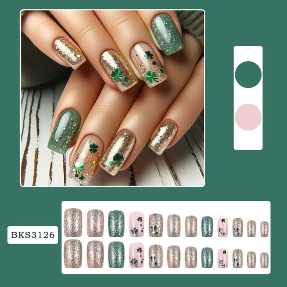 Costeam St. Patrick's Day Clover Glitter Press On Nails 24 Piece Set Green Color Design Adds Festive Touch To Manicure