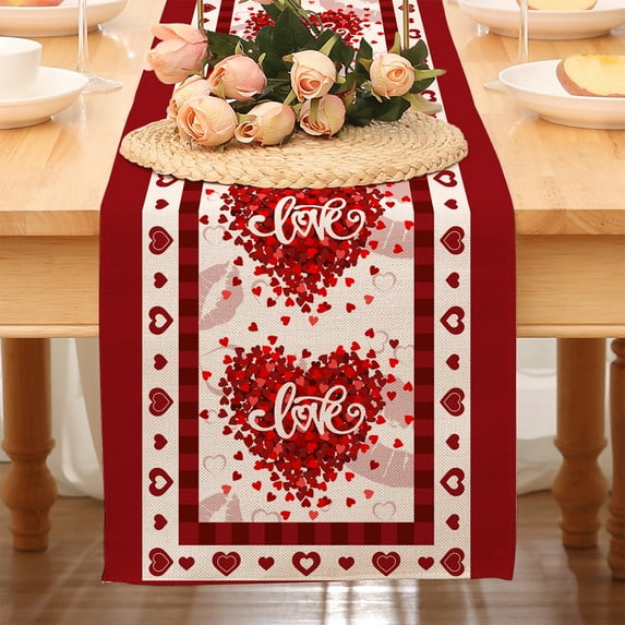 Costeam Valentine's Day Heart-Printed Table Runner, Washable Linen Tablecloth, Indoor Home Party Dining Table Decoration