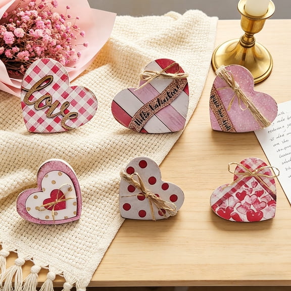 Costeam Valentine's Day Heart Shaped Figurine Set 6 Piece Decorative Ornament Kit，Romantic Tabletop Prop for Home and Holiday Party Display