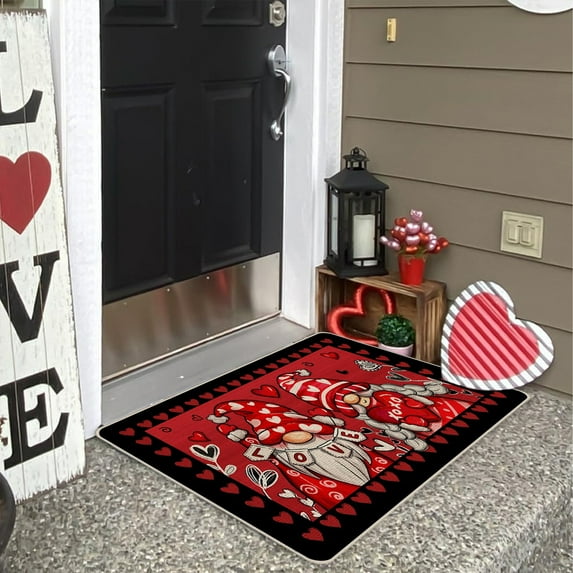 Costeam Valentine's Day Non-Slip Door Mat, Gnome Love Heart Design Welcome Mat, Indoor Outdoor Front Door Entryway Floor Rug, Romantic Home Decor Gift