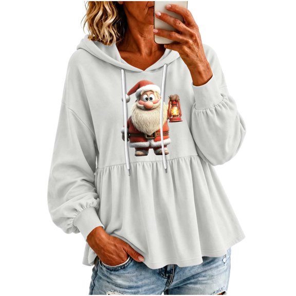 Costeam Women Christmas Hoodie Graphic Print Long Sleeve Drawstring Hooded Sweatshirt Loose Fit Ruffle Hem Tunic Top Casual Holiday Winter Fall Soft Cozy Trendy Fashion Clothing