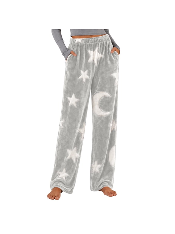 Women Fleece Pajama Pants Flannel Sleepwear Bottoms Cozy Lounge Pants Star Moon Print Comfy Loose Fit Warm Winter Pajama Bottoms Elastic Waist Pockets Soft Plush Fuzzy Sleep Pants