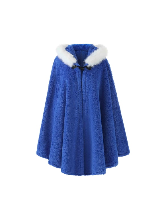 Women Fuzzy Fleece Cape Cloak White Faux Fur Trim Collar Toggle Closure Mid Length Warm Poncho Coat Elegant Loose Fit Outerwear for Holiday Party Winter Daily Wear
