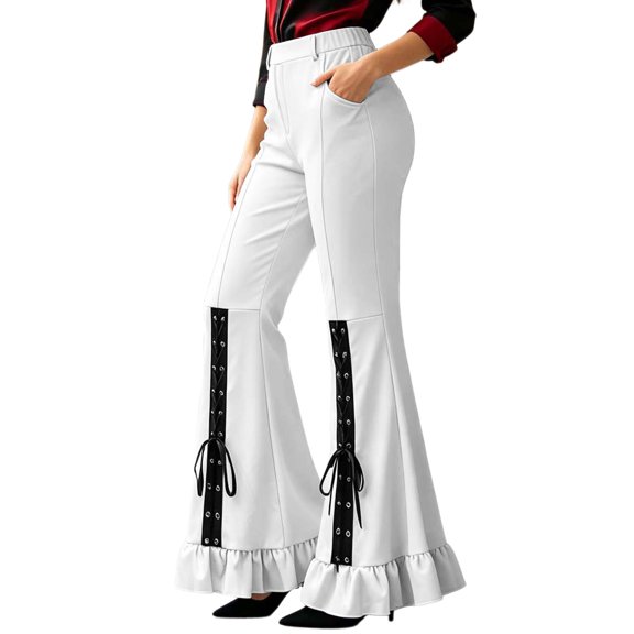 Costeam Women High Waist Flare Bell Bottom Pants Ruffle Hem Lace‑Up Eyelet Detail Side Pockets Stretch Elastic Waist Gothic Retro Style Full Length Fashion Party Themed Event Casual Dressy Bottoms