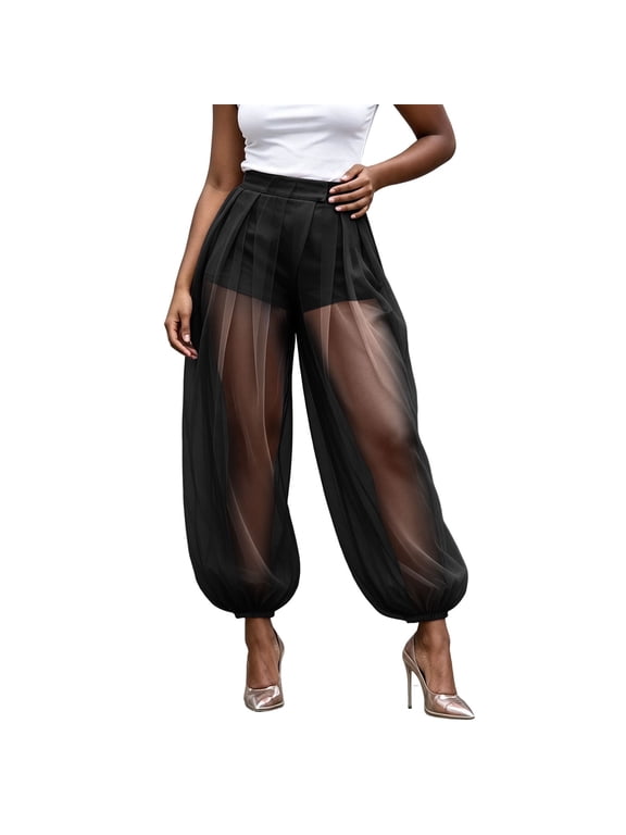 Women High Waist Sheer Chiffon Lantern Pants Pleated Front Elastic Cuff Loose Semi‑Sheer Mesh Jogger Trousers Without Inner Liner Flowy Casual Party Bottoms