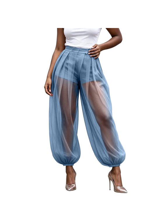 Women High Waist Sheer Chiffon Lantern Pants Pleated Front Elastic Cuff Loose Semi‑Sheer Mesh Jogger Trousers Without Inner Liner Flowy Casual Party Bottoms