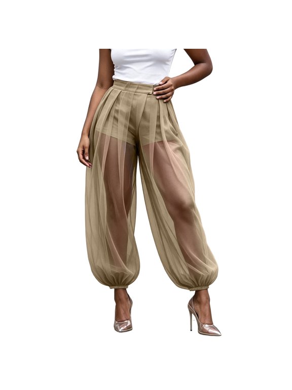 Women High Waist Sheer Chiffon Lantern Pants Pleated Front Elastic Cuff Loose Semi‑Sheer Mesh Jogger Trousers Without Inner Liner Flowy Casual Party Bottoms