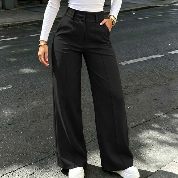 Costeam Women High Waisted Wide Leg Dress Pants Double Button Closure Front Seam Side Pockets Tailored Palazzo Trousers Solid Color Stretchy Soft Comfortable Flowy Slacks Relaxed Fit Bottoms