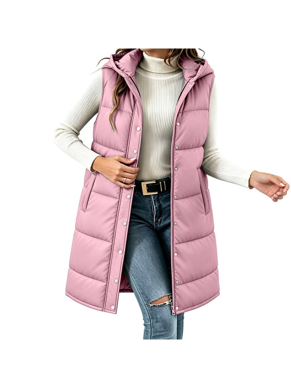 Women Long Hooded Puffer Vest Sleeveless Quilted Outerwear Snap Button Front Loose Fit Insulated Gilet Solid Warm Padded Waistcoat for Ladies Wind Resistant Shell with Secure Stitching