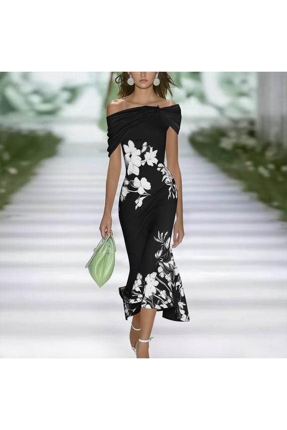 Women Off Shoulder Ruched Floral Print Midi Dress Asymmetrical Ruffle Hem Fitted Waist Flowy Split Cocktail Party Wedding Guest Sundress