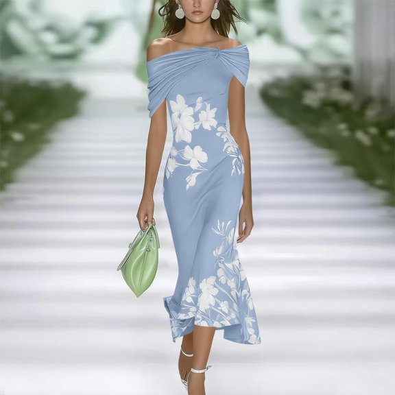 Costeam Women Off Shoulder Ruched Floral Print Midi Dress Asymmetrical Ruffle Hem Fitted Waist Flowy Split Cocktail Party Wedding Guest Sundress