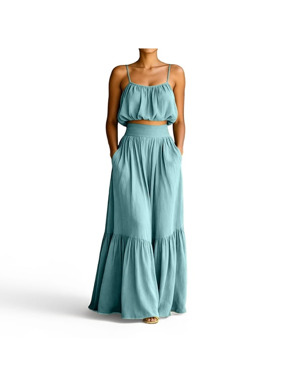 Women Outfit High Waist Wide Swing Maxi Skirt Set Sleeveless Tank Top Loose Fit Flowly Lightweight Breathable Solid Color Casual Vacation Clothing Set