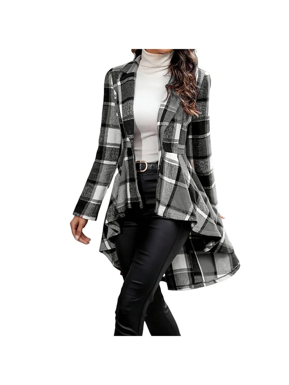 Women Plaid Blazer Jacket Single Button Long Sleeve Lapel Collar Asymmetric High Low Hem Flared Tunic Coat Open Front Lightweight Plaid Outerwear for Fall Winter Office Daily Wear