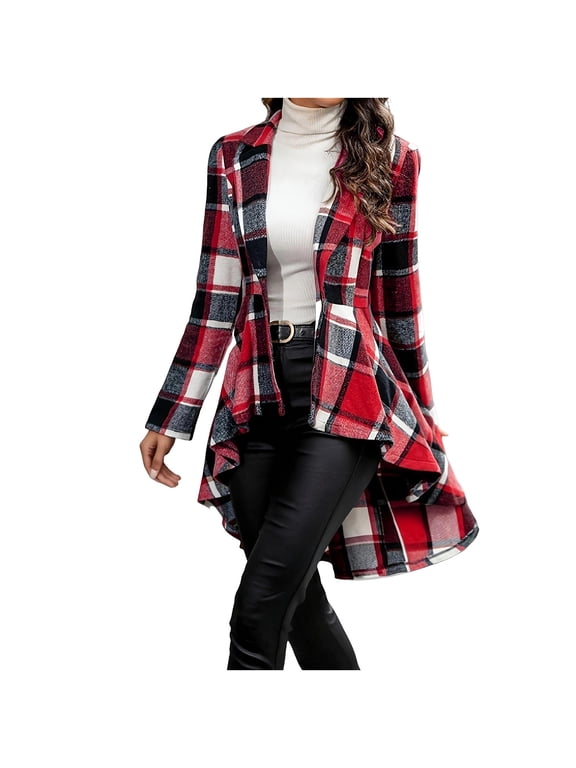 Women Plaid Blazer Jacket Single Button Long Sleeve Lapel Collar Asymmetric High Low Hem Flared Tunic Coat Open Front Lightweight Plaid Outerwear for Fall Winter Office Daily Wear