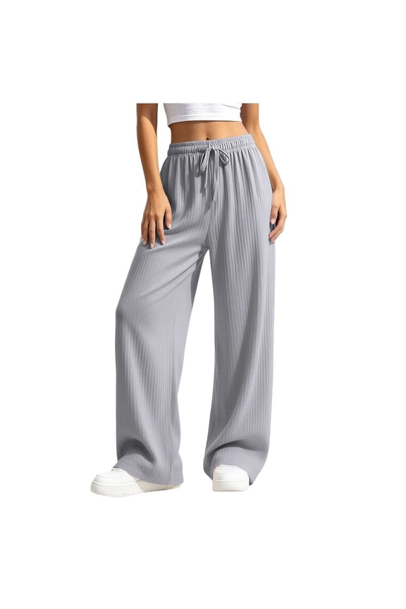 Women Ribbed Knit Wide Leg Pants Elastic High Waist Drawstring Loose Casual Trousers Soft Stretch Vertical Texture Straight Long Pants Daily Relaxed Fit Bottoms