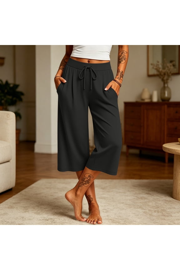 Women Soft Knit Elastic Drawstring High Waist Culotte Capri Pants Wide Leg Cropped Trousers with Side Pockets Solid Color Casual Lounge Daily Bottoms
