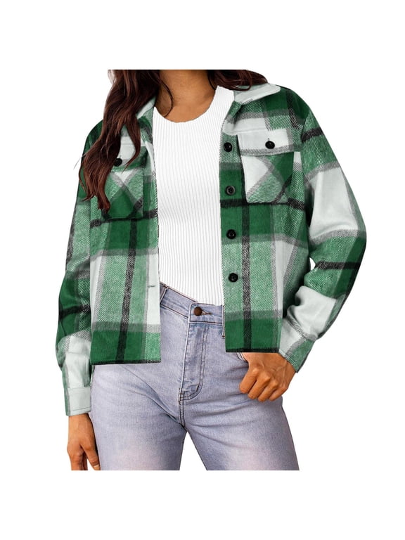 Women's Plaid Shacket Flannel Jacket Button Down Long Sleeve Oversized Shirt Coat with Pockets Casual Fall Winter Outerwear Trendy Fashion Clothes for Daily Wear Warm Cozy Layering